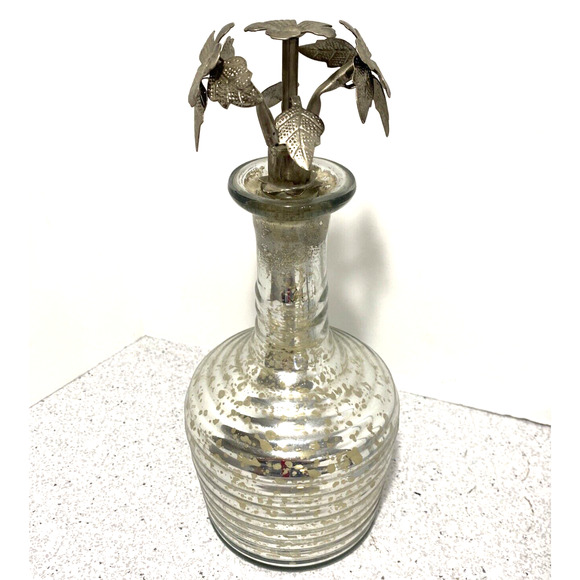 Vintage Mercury Glass Beehive Bottle with Ornate Floral Silvertone Metal Stopper - Picture 2 of 10